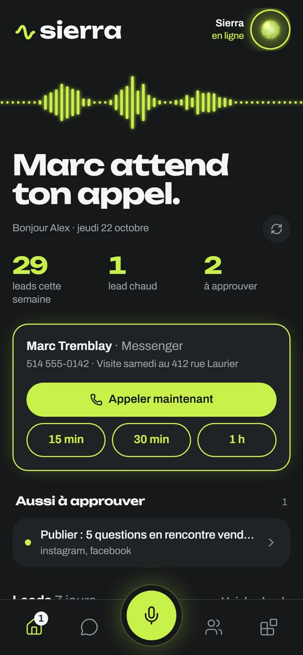 L'accueil de l'app Sierra sur un téléphone (données d'exemple)