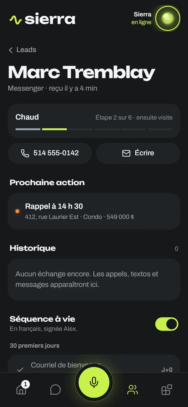 La fiche d'un lead : chaleur, étape 2 sur 6, prochaine action et séquence à vie activée