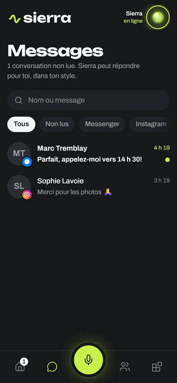 L'onglet Messages de Sierra : conversations Messenger, Instagram, WhatsApp et textos