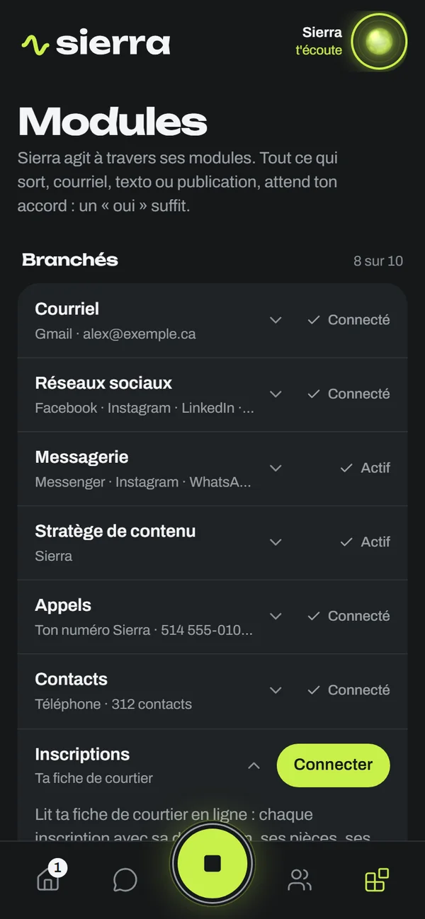 L'écran Modules : courriel, réseaux sociaux, messagerie et les autres modules branchés (données d'exemple)