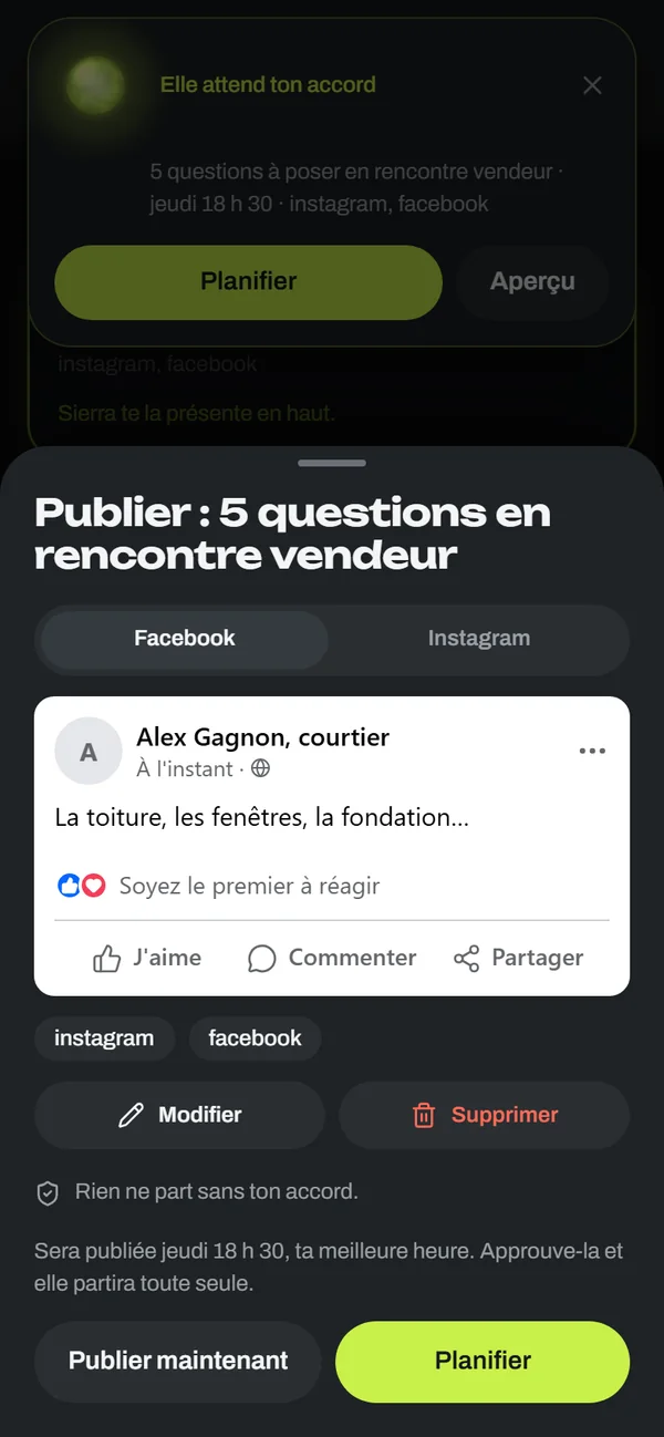 L'aperçu d'une publication Facebook à approuver, avec les boutons Planifier et Publier maintenant