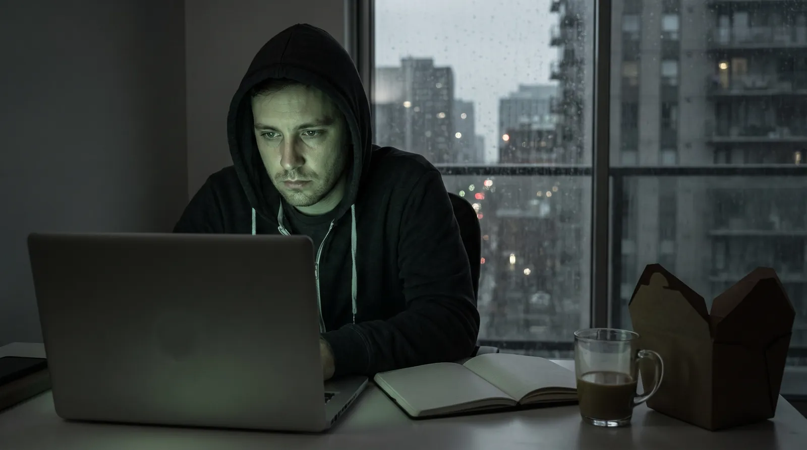 Tard le soir, un courtier fixe l'écran vide de son portable